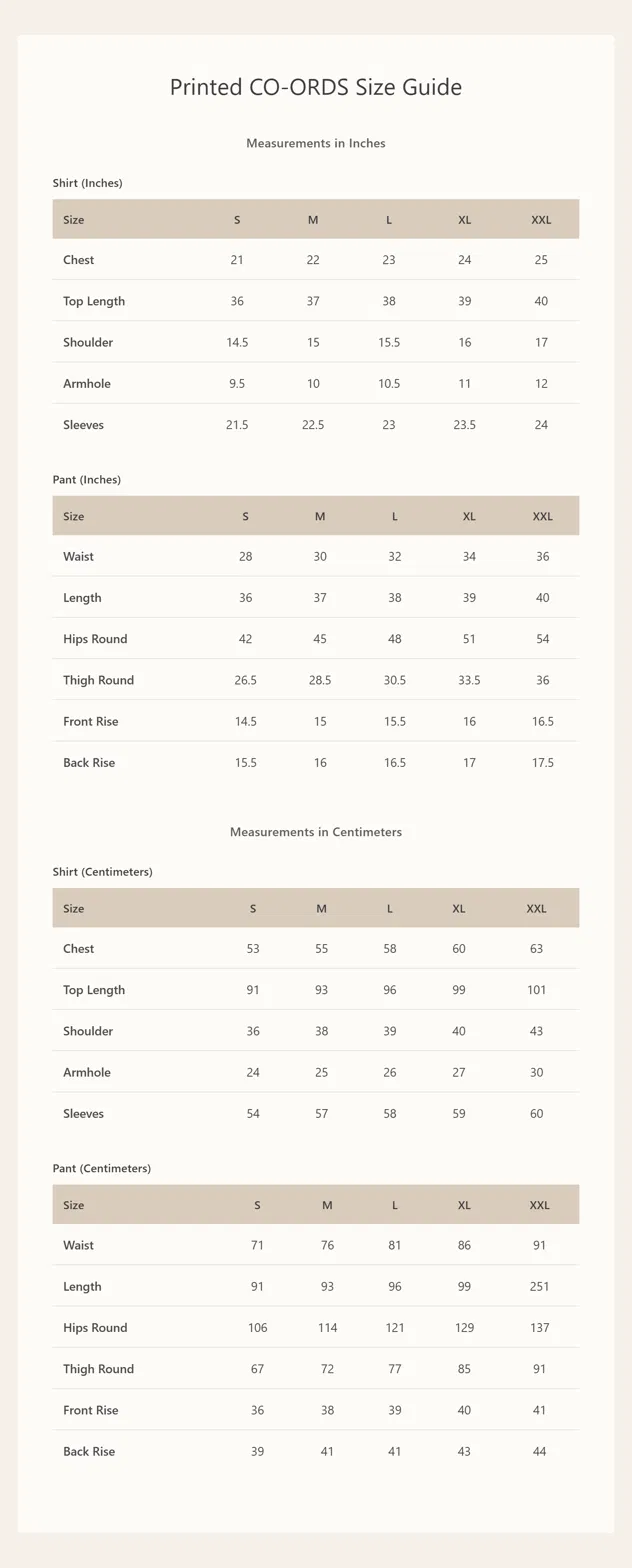 Product size chart