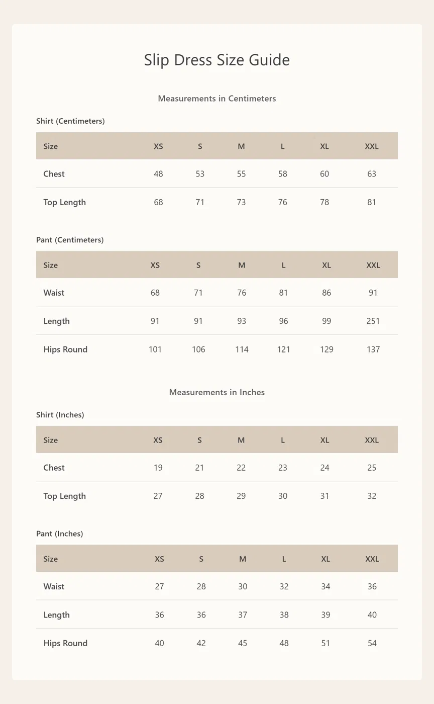 Product size chart