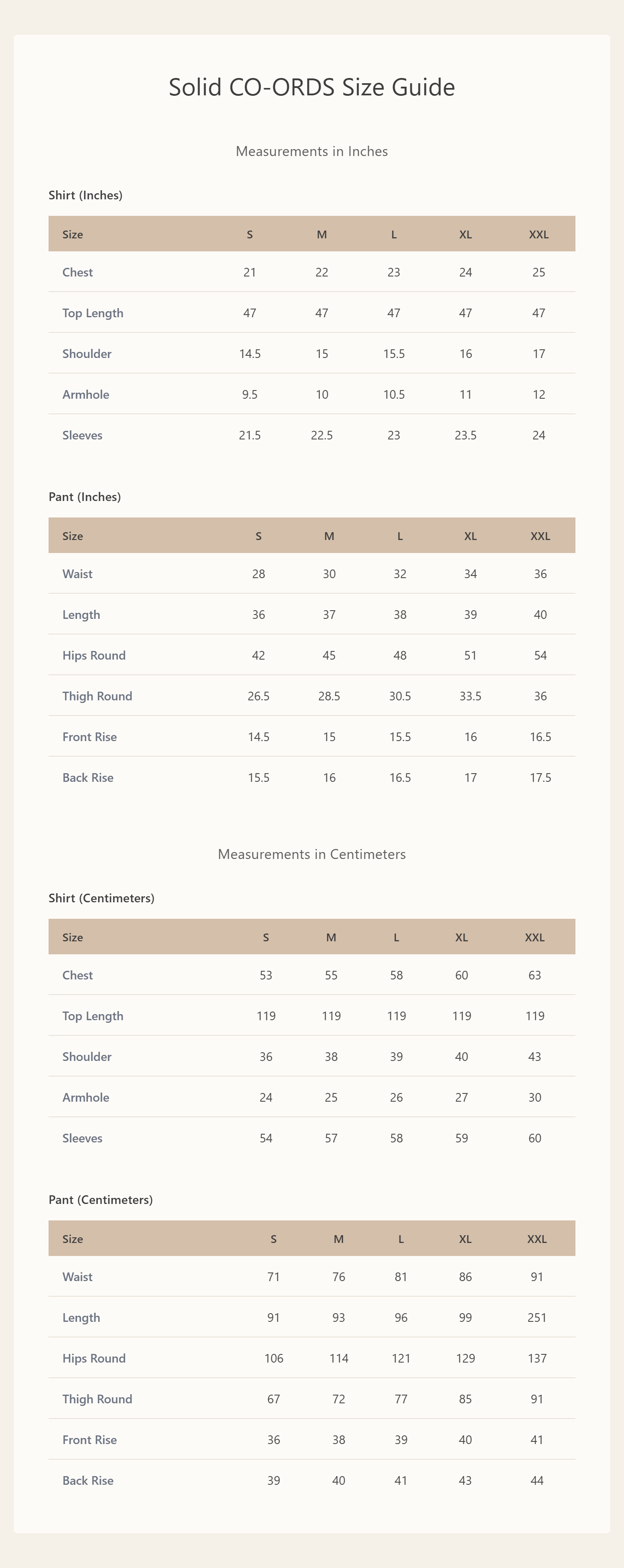 Product size chart